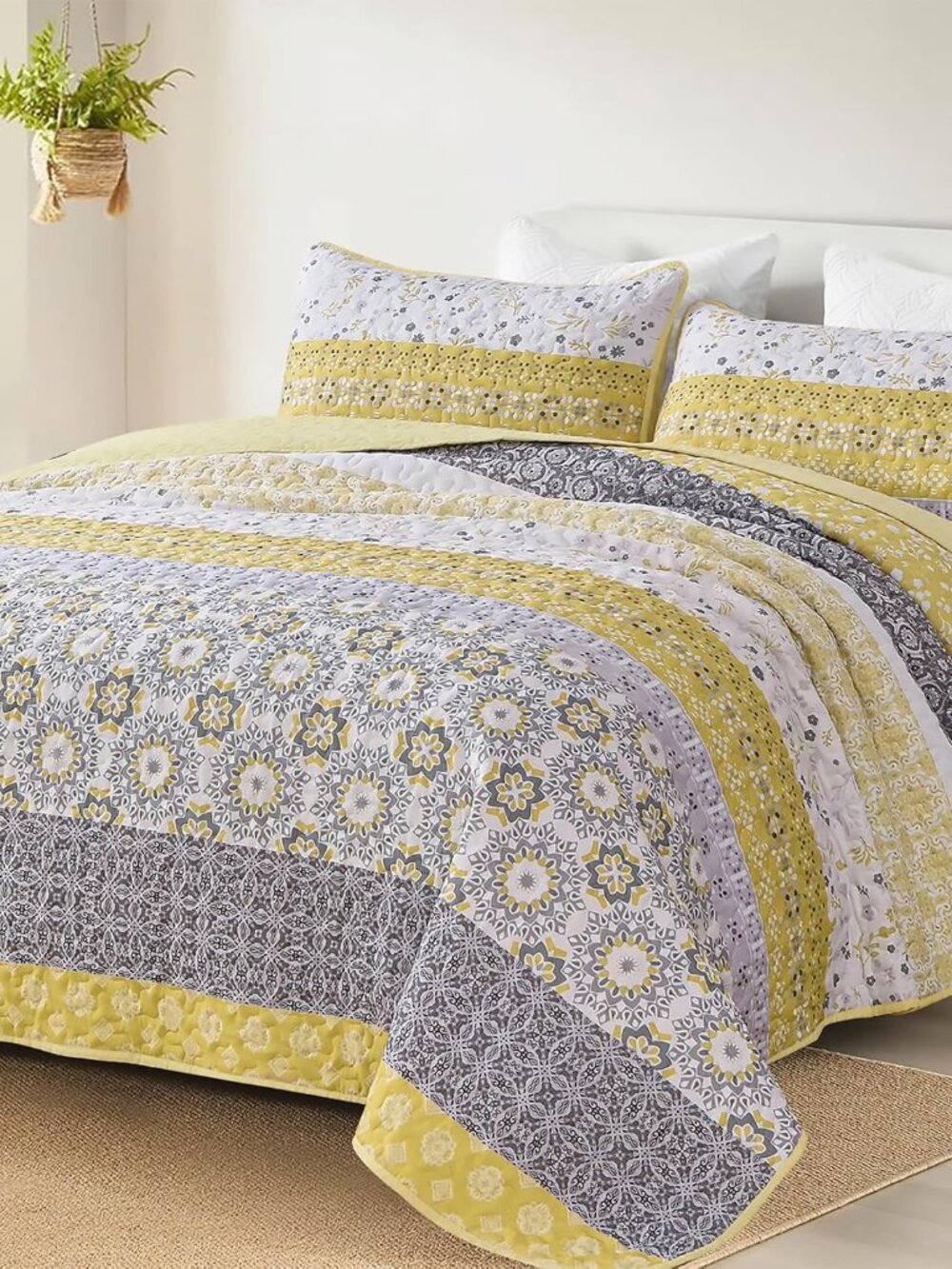 Boho Quilt Full Set，3 Pcs Yellow Floral Striped Bedspread Set | Soft Lightweight